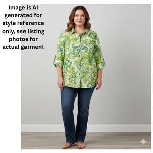 CHICO'S (NEW) Woven 3/4 Sleeve Linen Button Front Paisley Blouse, Lime Green- XL